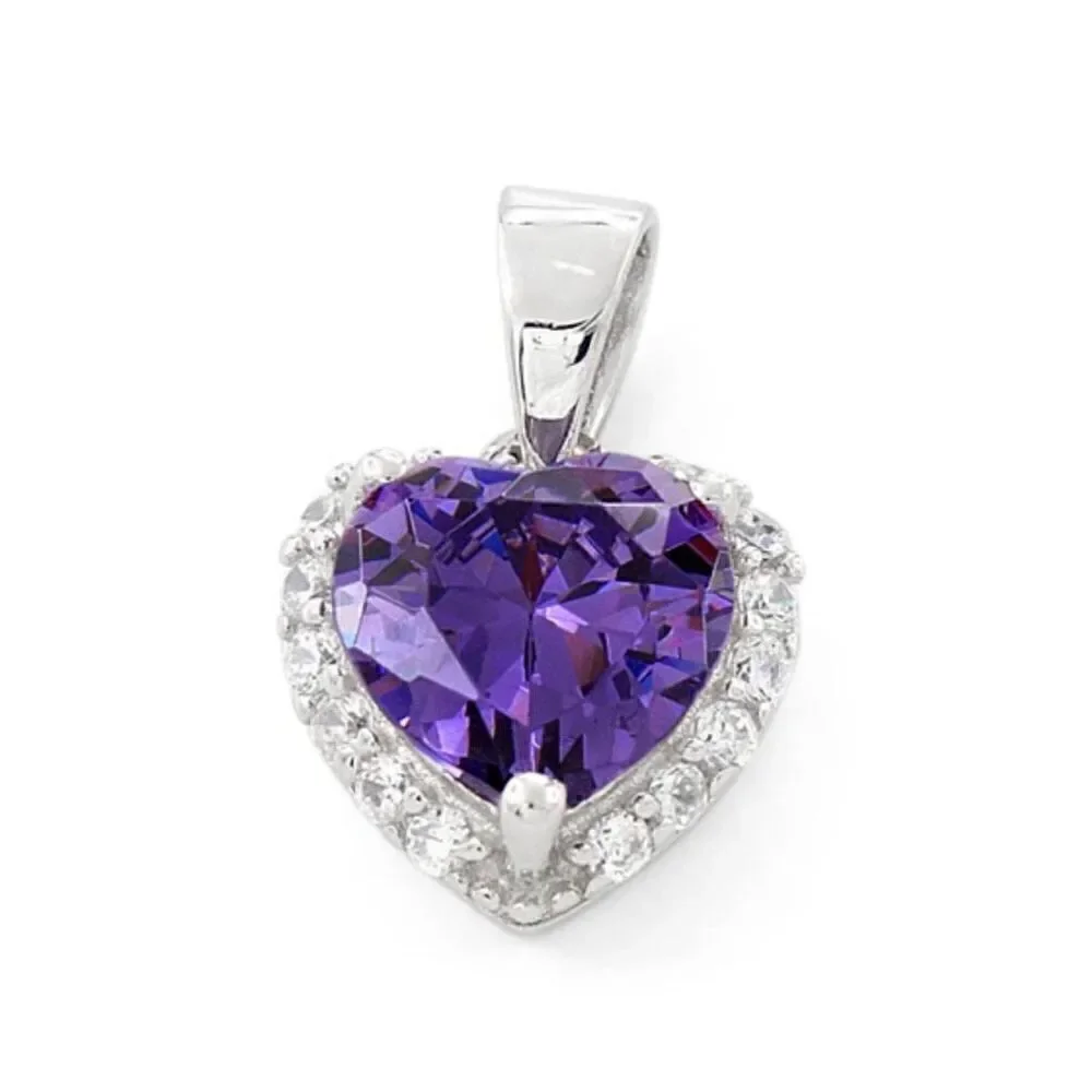 New Sterling Silver Heart Shape Amethyst CZ Pendant Charm Necklace